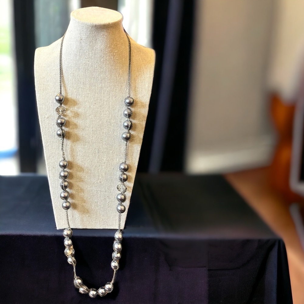 Stunning LOFT Beaded Crystal Necklace - 16.5" Beautiful Grey Tone & Clear Stones
